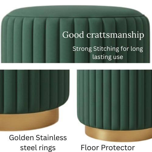 Designer Velvet Round Footstool Ottoman with Sturdy Gold Metal Band Base for Home Décor & Extra Seating, Lightweight Pouf Stool for Sofa Side & Bedroom, 16x16x17 Inch (Green)