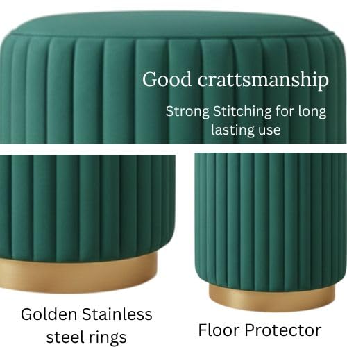 Designer Velvet Round Footstool Ottoman with Sturdy Gold Metal Band Base for Home Décor & Extra Seating, Lightweight Pouf Stool for Sofa Side & Bedroom, 16x16x17 Inch (Seagreen)
