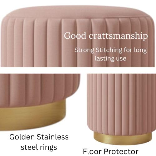 Designer Velvet Round Footstool Ottoman with Sturdy Gold Metal Band Base for Home Décor & Extra Seating, Lightweight Pouf Stool for Sofa Side & Bedroom, 16x16x17 Inch (Gajri)