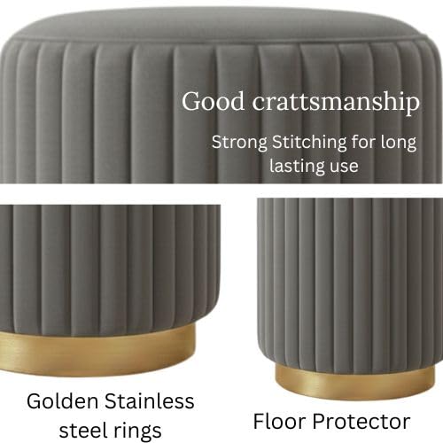 Designer Velvet Round Footstool Ottoman with Sturdy Gold Metal Band Base for Home Décor & Extra Seating, Lightweight Pouf Stool for Sofa Side & Bedroom, 16x16x17 Inch (Grey)