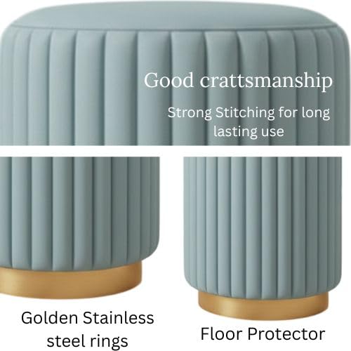 Designer Velvet Round Footstool Ottoman with Sturdy Gold Metal Band Base for Home Décor & Extra Seating, Lightweight Pouf Stool for Sofa Side & Bedroom, 16x16x17 Inch (Aqua)