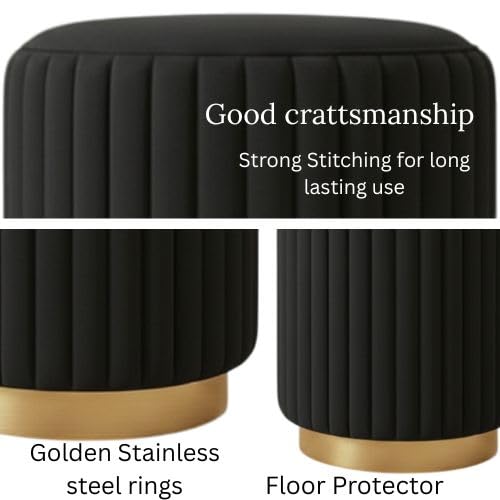 Designer Velvet Round Footstool Ottoman with Sturdy Gold Metal Band Base for Home Décor & Extra Seating, Lightweight Pouf Stool for Sofa Side & Bedroom, 16x16x17 Inch (Black)