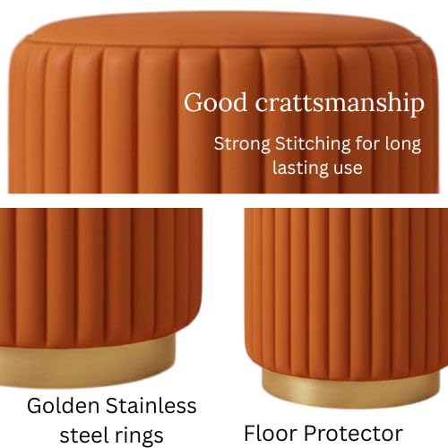 Designer Velvet Round Footstool Ottoman with Sturdy Gold Metal Band Base for Home Décor & Extra Seating, Lightweight Pouf Stool for Sofa Side & Bedroom, 16x16x17 Inch (Orange)