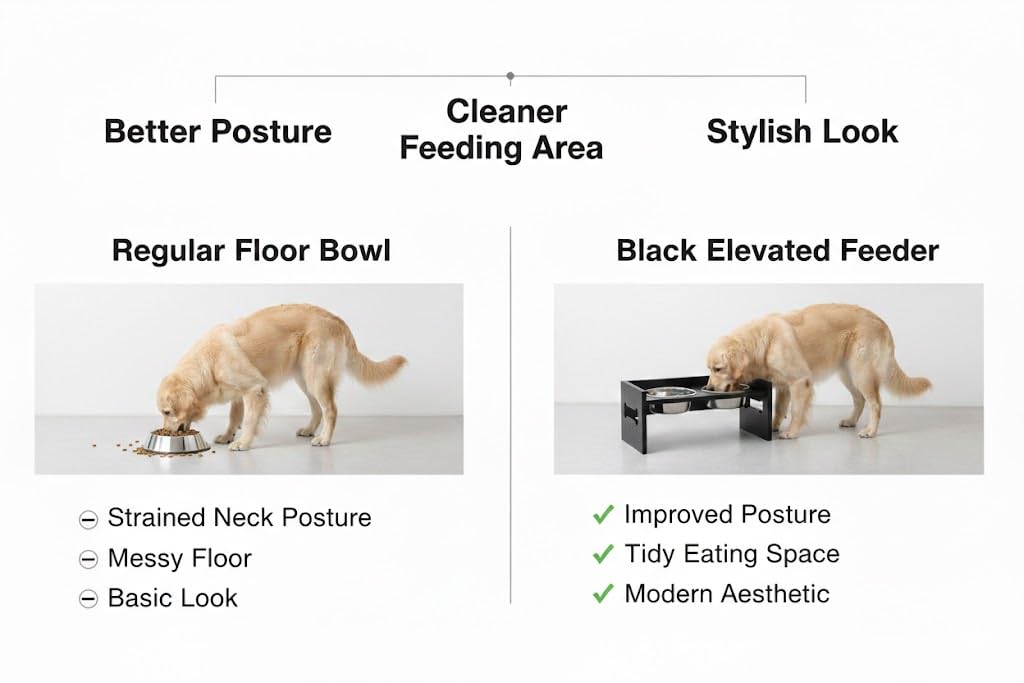 Elevated Wooden Dog Feeder with Stainless Steel Bowls | Raised Pet Food Stand for Dogs & Cats Feeding Station with Bone Cutout Design | Double Bowl Pet Feeding Table (Black)