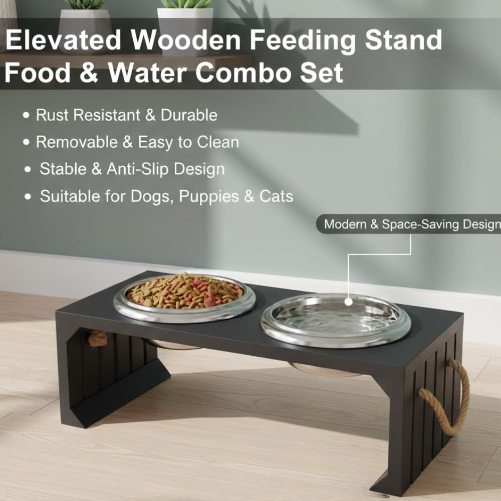 Pet Diner Stainless Steel Pet Bowl Combo with Elevated Wooden Base | Double Feeding Bowl Combo for Providing Food and Water to Beloved Dog, Puppies & Cats (Elevated Wooden Diner of 950ml)