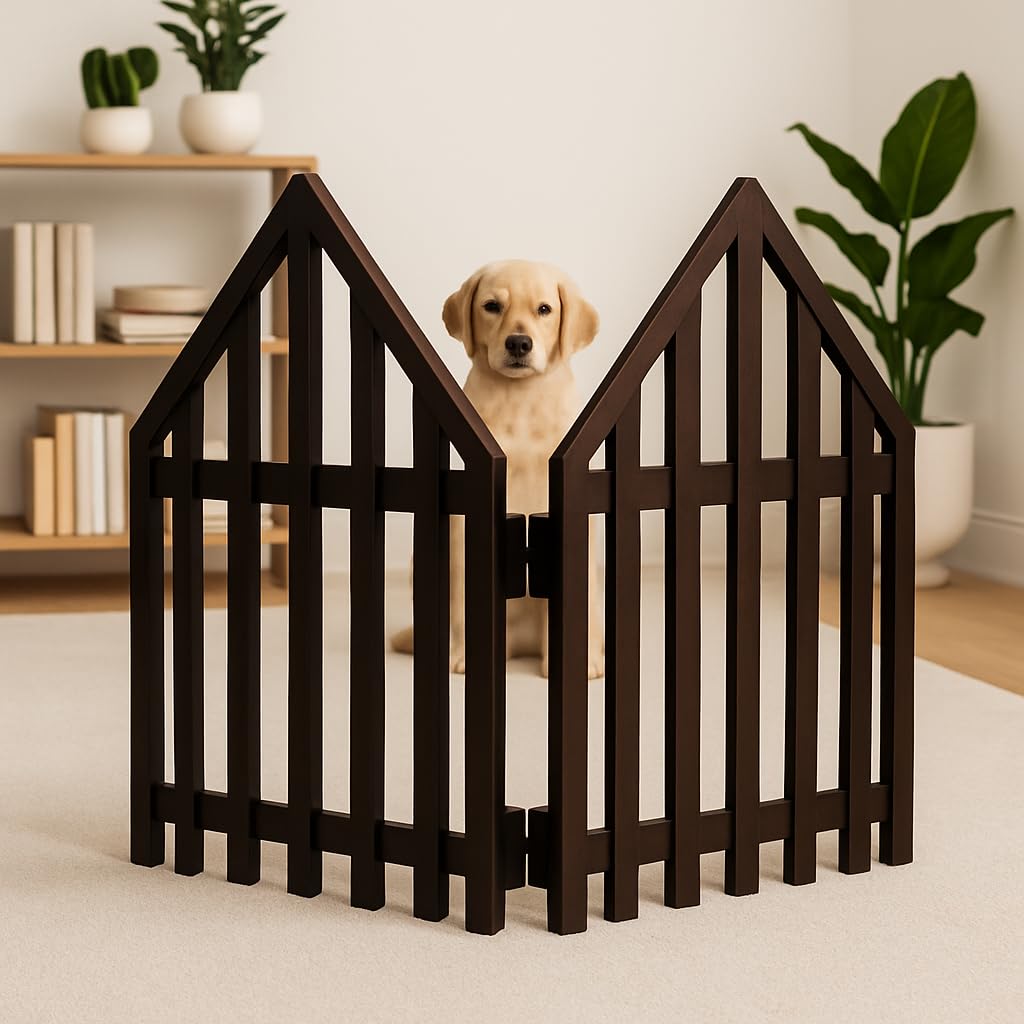 Foldable Wooden Pet Gate for Dogs, Indoor Safety Barrier, Brown