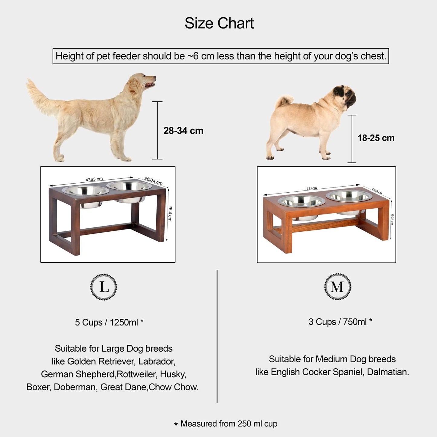 Luna Pet Feeder, Natural Acacia Wood Feeders Stand, Elevated Dog Bowls 750 ml, Food Water Diner, Durable Double Bowl Feeding Stands for Dogs - Medium (38 x 21 x 15 cm)