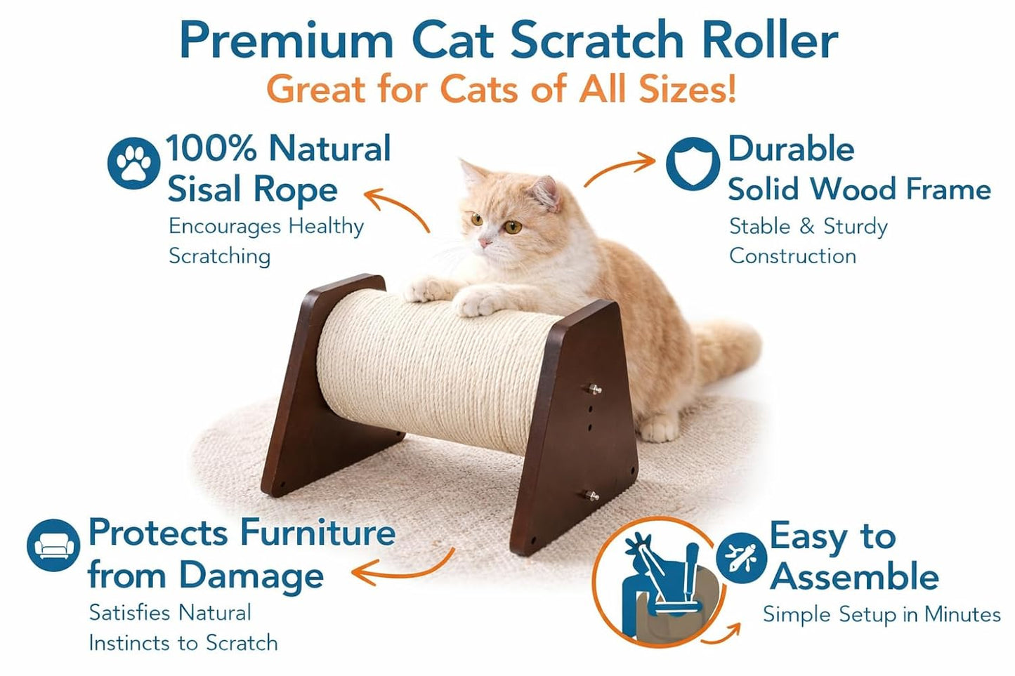 Cat Scratch Roller with Wooden Stand, Sisal Rope Scratching Post, Dark Walnut Brown, Floor Standing