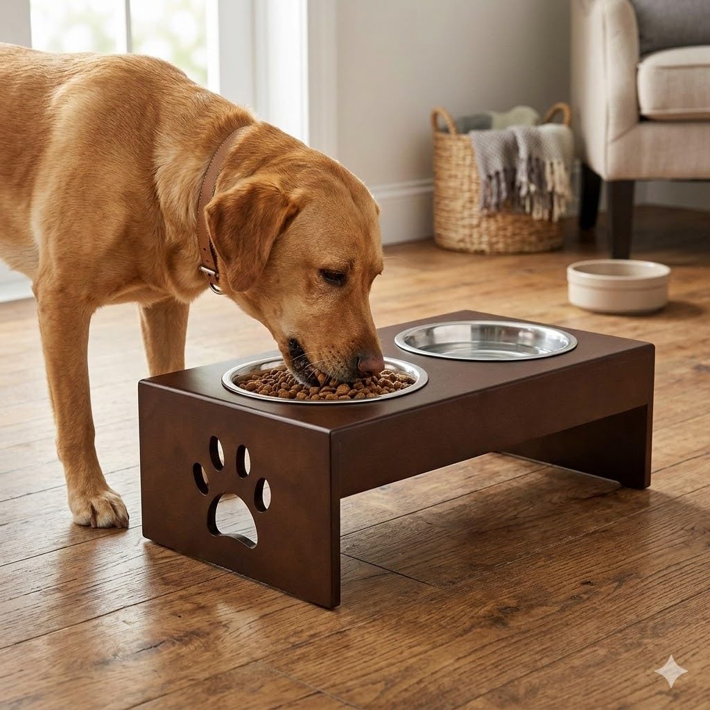 Pet Feeder Stainless Steel Food & Water Bowls with Stand | MDF Wood Elevated Dog Feeding Station with Double Bowl Design | Raised Feeding Stand for Medium & Large Dogs | 40 x 25 x 25 cm (Brown)