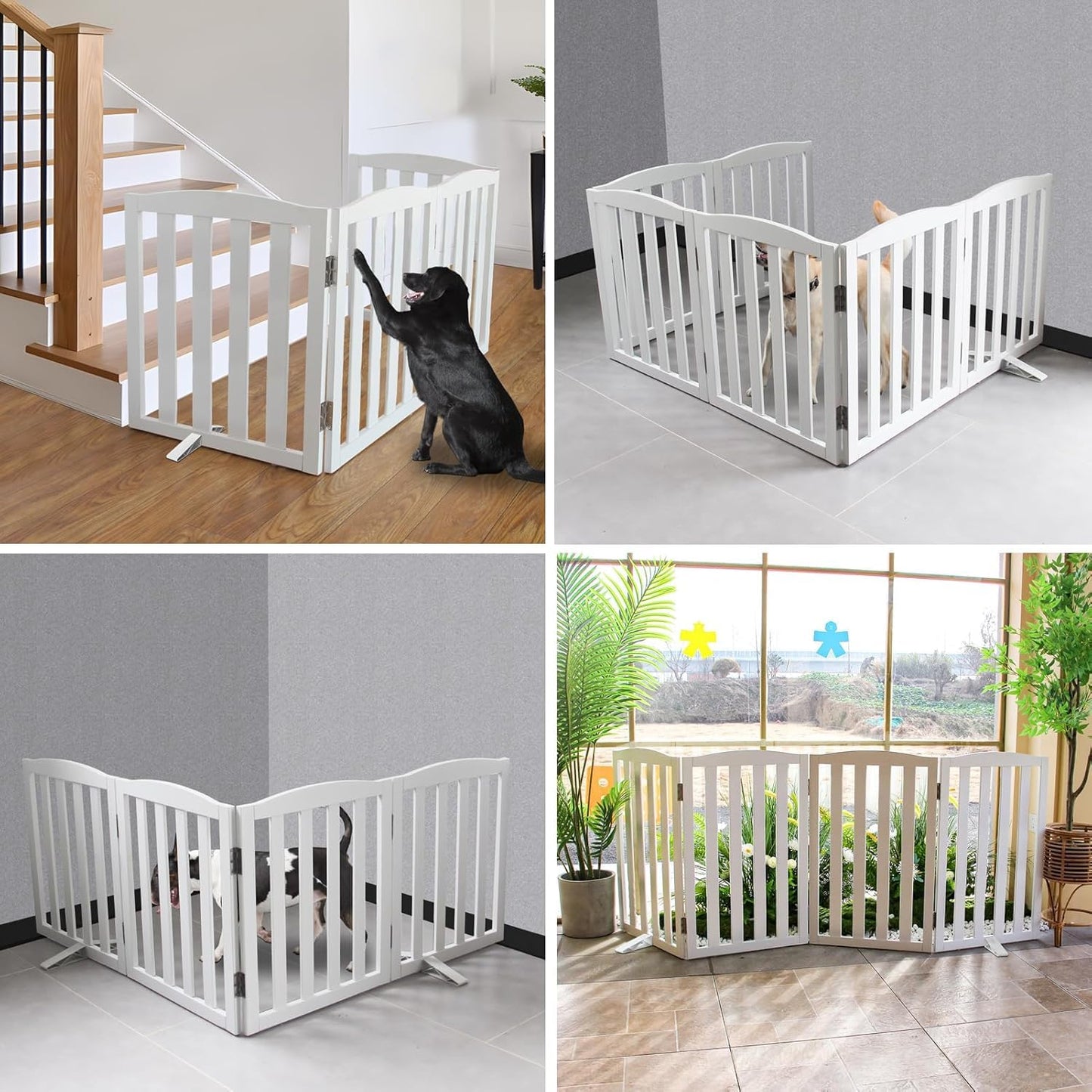Freestanding Dog Gate | Foldable Wooden Pet Safety Gate for Dogs & Kids | Indoor Barrier with Support Feet for Stairs, Doorways, Hallways & Kitchens - 24" (White, 6 Panel)