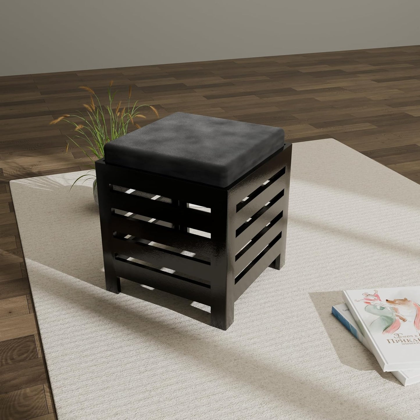 Cushion Wooden Stool| Foot Stool |Fruit Stool| Square Table| Office Stool| Bedside Table | Cushion Stool | Stool for Kitchen Wooden Stool Cotton Cover (Black)