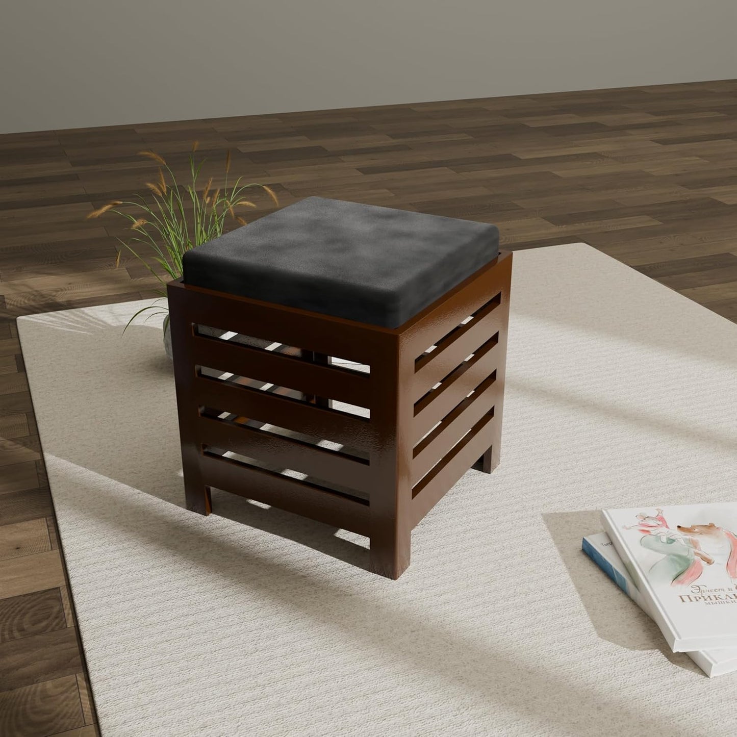 Cushion Wooden Stool | Foot Stool | Fruit Square Table | Office Bedside Table | For Kitchen With Cotton Cover (Brown & Black), 30 Cm X 30 Centimeters