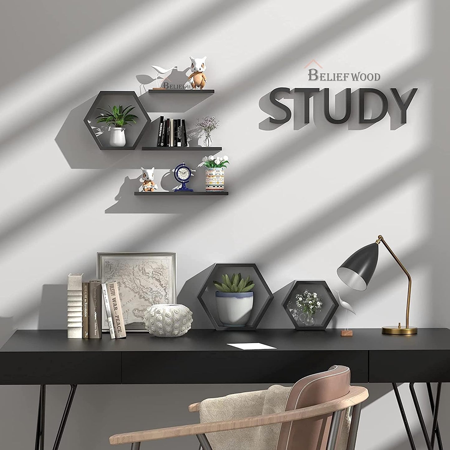 Wooden Hexagon Floating Shelves Wall Mounted Honey Comb Shelf Set of 6 Wall Decor White Wall Shelve for Bedroom Living Room Bathroom Kitchen Office (Black)