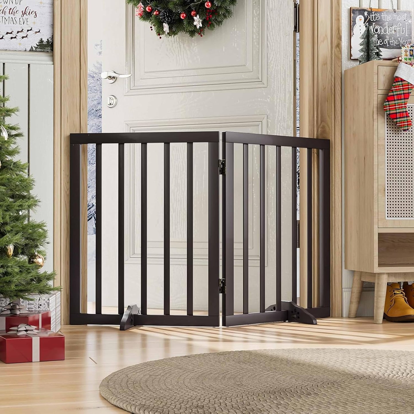 Freestanding Dog Gate – Foldable Wooden Pet Safety Gate for Dogs & Kids | Indoor Barrier with Support Feet | 24″ (Brown, 2 Panel)