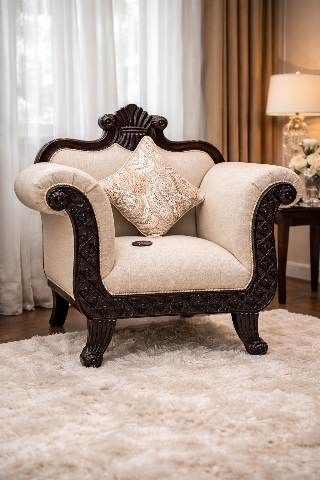 Luxury Hand Carved Wooden Sofa Set 3+1+1 | Royal Living Room Furniture | Premium Upholstered Classic Sofa Couch Set | Solid Wood Frame Traditional Sofa Set