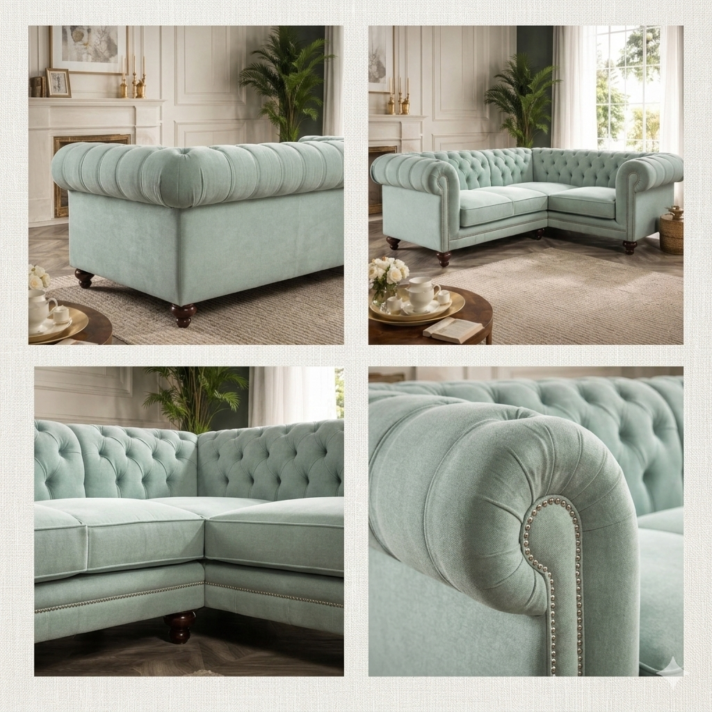 Luxury Mint Green Chesterfield Corner Sofa – Tufted Velvet Sectional Couch with Wooden Legs