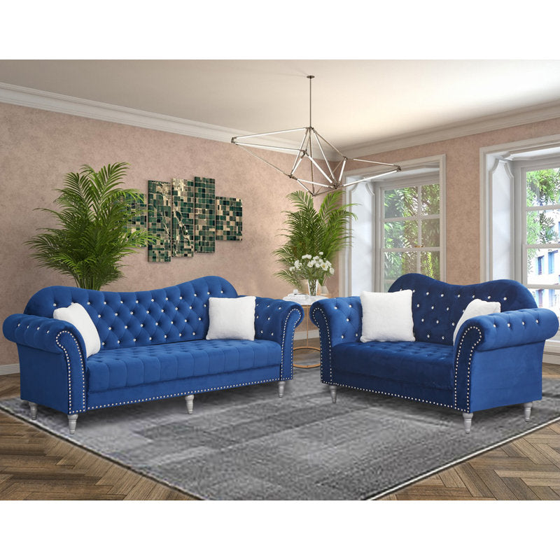 Luxury Chesterfield Velvet 2-Piece Sofa Set – Tufted 3-Seater Couch & Loveseat with Nailhead Trim 5 Seater Sofa set