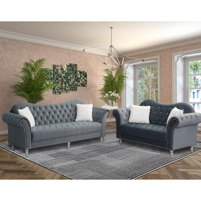 Luxury Chesterfield Velvet 2-Piece Sofa Set – Tufted 3-Seater Couch & Loveseat with Nailhead Trim 5 Seater Sofa set