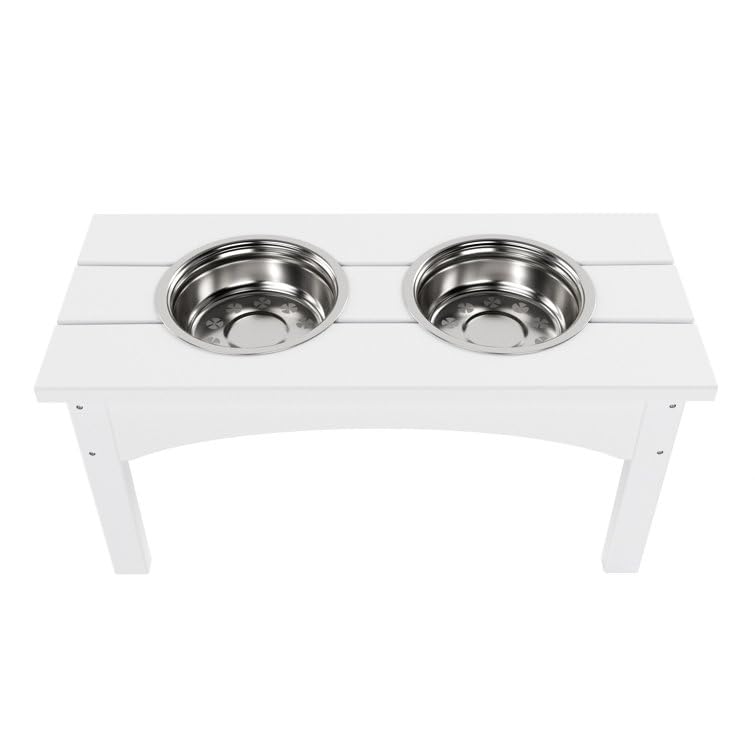 Double Elevated Feeder Wooden Large Dog Food Dinner pet Stand Cat Feeder Stand with 2 Stainless Steel Small Bowls & Wooden Stand Made by Handmade (White)