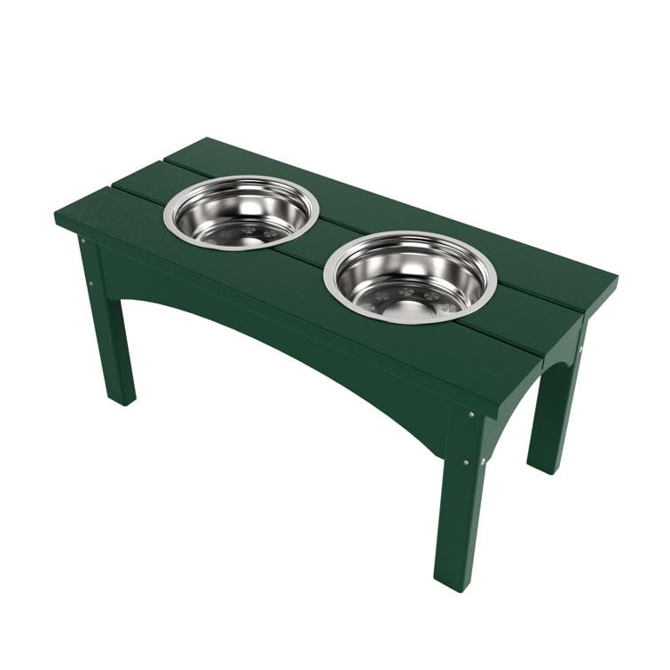 Double Elevated Feeder Wooden Large Dog Food Dinner pet Stand Cat Feeder Stand with 2 Stainless Steel Small Bowls & Wooden Stand Made by Handmade (Dark Green)