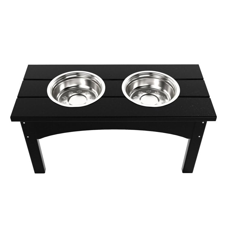Double Elevated Feeder Wooden Large Dog Food Dinner pet Stand Cat Feeder Stand with 2 Stainless Steel Small Bowls & Wooden Stand Made by Handmade (Black)
