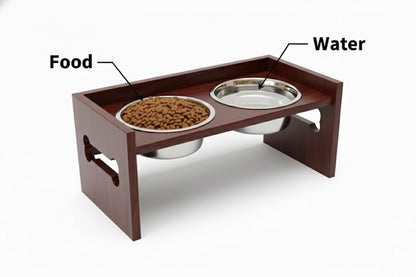 Elevated Wooden Dog Feeder with Stainless Steel Bowls | Raised Pet Food Stand for Dogs & Cats Feeding Station with Bone Cutout Design | Double Bowl Pet Feeding Table (Brown)