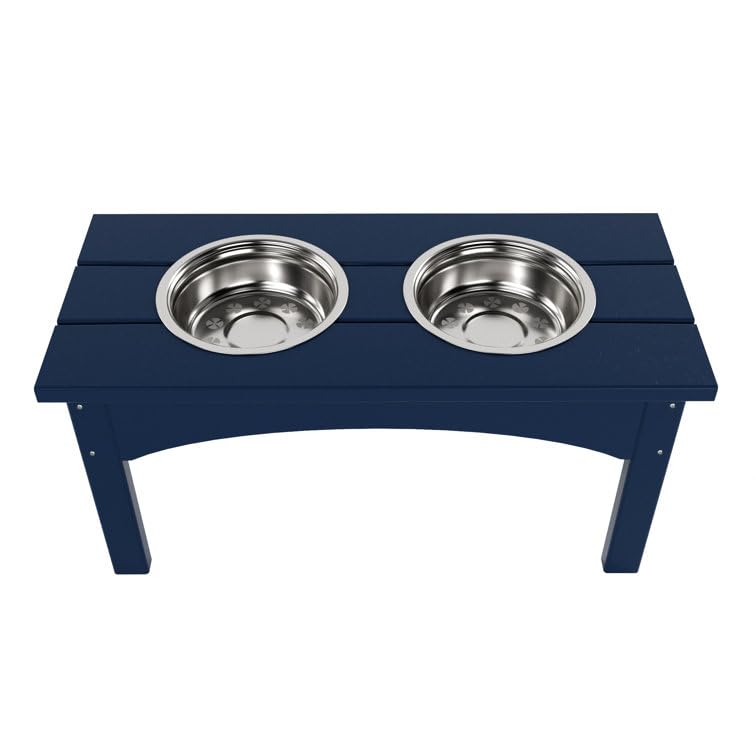 Double Elevated Feeder Wooden Large Dog Food Dinner pet Stand Cat Feeder Stand with 2 Stainless Steel Small Bowls & Wooden Stand Made by Handmade (Navy Blue)