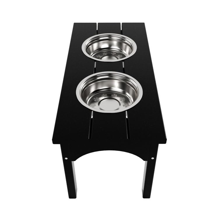 Double Elevated Feeder Wooden Large Dog Food Dinner pet Stand Cat Feeder Stand with 2 Stainless Steel Small Bowls & Wooden Stand Made by Handmade (Black)