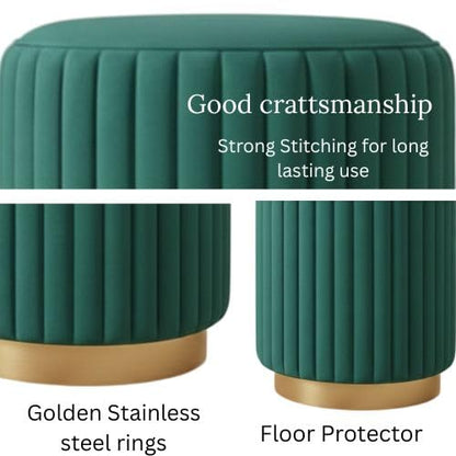 Designer Velvet Round Footstool Ottoman with Sturdy Gold Metal Band Base for Home Décor & Extra Seating, Lightweight Pouf Stool for Sofa Side & Bedroom, 16x16x17 Inch (Seagreen)