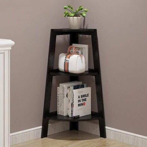 Modern Engineered Wood Corner Ladder Shelf: Compact 3-Tier Bookcase and Storage Organizer for Living Room and Home Office (Black)