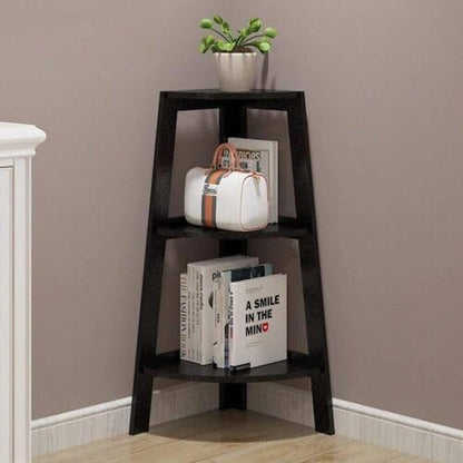 Modern Engineered Wood Corner Ladder Shelf: Compact 3-Tier Bookcase and Storage Organizer for Living Room and Home Office (Black)