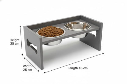 Elevated Wooden Dog Feeder with Stainless Steel Bowls | Raised Pet Food Stand for Dogs & Cats Feeding Station with Bone Cutout Design | Double Bowl Pet Feeding Table (Grey)