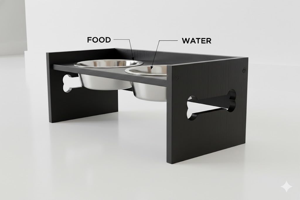 Elevated Wooden Dog Feeder with Stainless Steel Bowls | Raised Pet Food Stand for Dogs & Cats Feeding Station with Bone Cutout Design | Double Bowl Pet Feeding Table (Black)