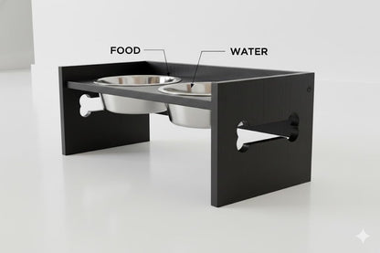 Elevated Wooden Dog Feeder with Stainless Steel Bowls | Raised Pet Food Stand for Dogs & Cats Feeding Station with Bone Cutout Design | Double Bowl Pet Feeding Table (Black)