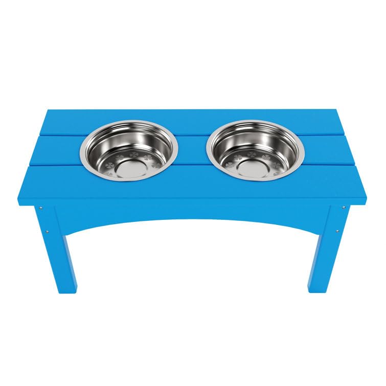 Double Elevated Feeder Wooden Large Dog Food Dinner pet Stand Cat Feeder Stand with 2 Stainless Steel Small Bowls & Wooden Stand Made by Handmade (Pacific Blue)