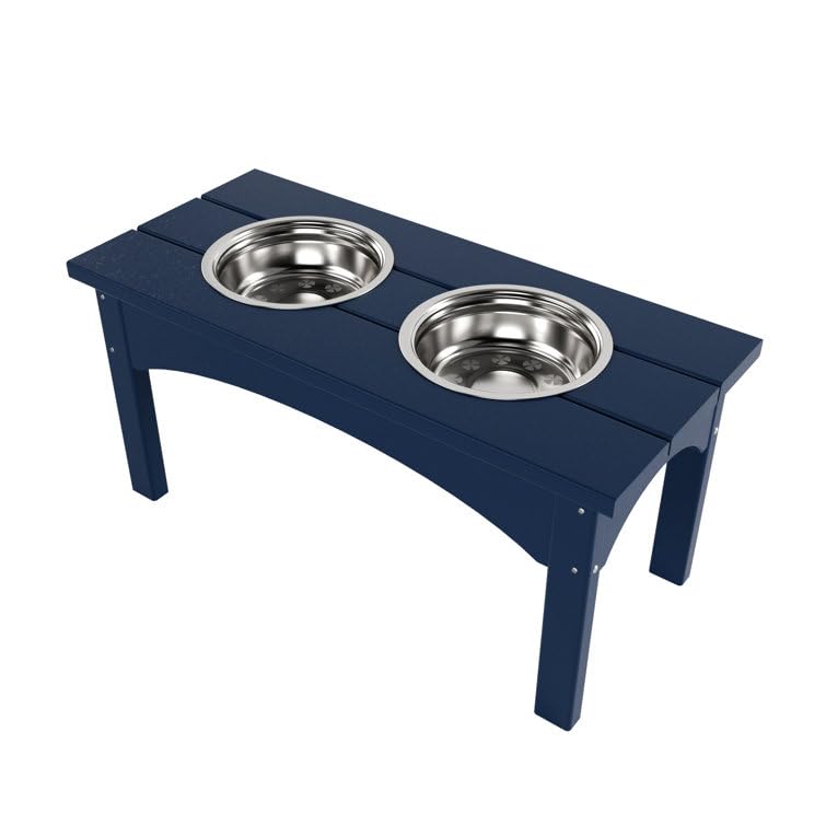 Double Elevated Feeder Wooden Large Dog Food Dinner pet Stand Cat Feeder Stand with 2 Stainless Steel Small Bowls & Wooden Stand Made by Handmade (Navy Blue)