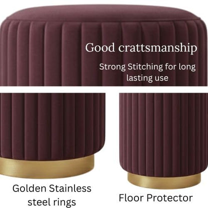 Designer Velvet Round Footstool Ottoman with Sturdy Gold Metal Band Base for Home Décor & Extra Seating, Lightweight Pouf Stool for Sofa Side & Bedroom, 16x16x17 Inch (Coffee)