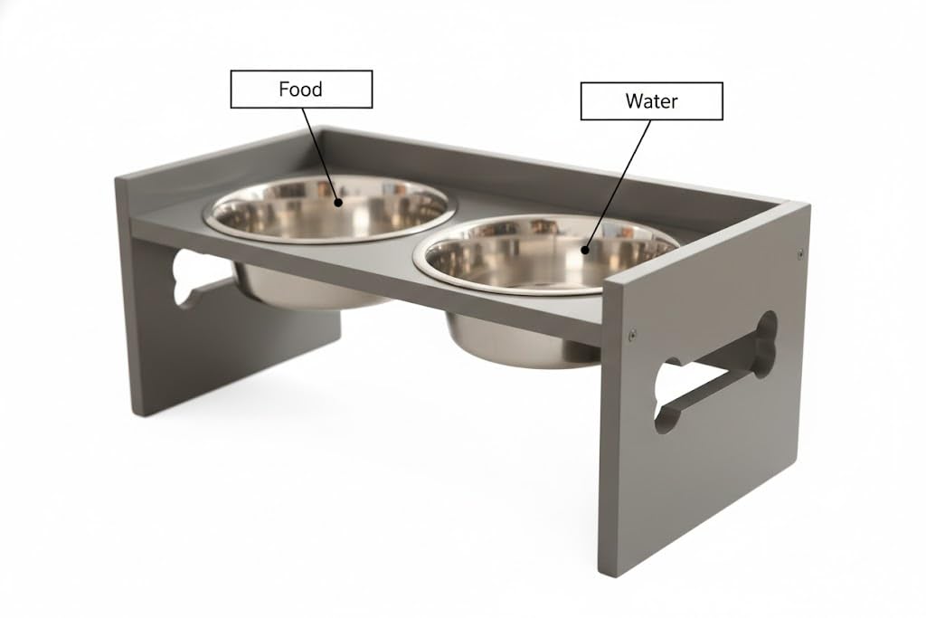 Elevated Wooden Dog Feeder with Stainless Steel Bowls | Raised Pet Food Stand for Dogs & Cats Feeding Station with Bone Cutout Design | Double Bowl Pet Feeding Table (Grey)