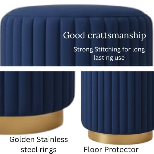 Designer Velvet Round Footstool Ottoman with Sturdy Gold Metal Band Base for Home Décor & Extra Seating, Lightweight Pouf Stool for Sofa Side & Bedroom, 16x16x17 Inch (Royal Blue)