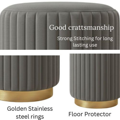 Designer Velvet Round Footstool Ottoman with Sturdy Gold Metal Band Base for Home Décor & Extra Seating, Lightweight Pouf Stool for Sofa Side & Bedroom, 16x16x17 Inch (Grey)