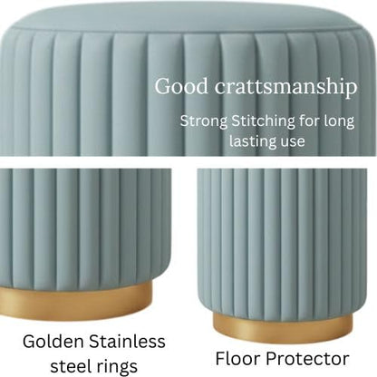 Designer Velvet Round Footstool Ottoman with Sturdy Gold Metal Band Base for Home Décor & Extra Seating, Lightweight Pouf Stool for Sofa Side & Bedroom, 16x16x17 Inch (Aqua)