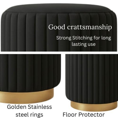 Designer Velvet Round Footstool Ottoman with Sturdy Gold Metal Band Base for Home Décor & Extra Seating, Lightweight Pouf Stool for Sofa Side & Bedroom, 16x16x17 Inch (Black)