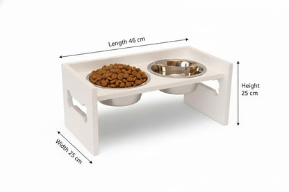 Elevated Wooden Dog Feeder with Stainless Steel Bowls | Raised Pet Food Stand for Dogs & Cats Feeding Station with Bone Cutout Design | Double Bowl Pet Feeding Table (White)