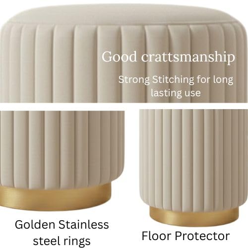 Designer Velvet Round Footstool Ottoman with Sturdy Gold Metal Band Base for Home Décor & Extra Seating, Lightweight Pouf Stool for Sofa Side & Bedroom, 16x16x17 Inch (Cream)