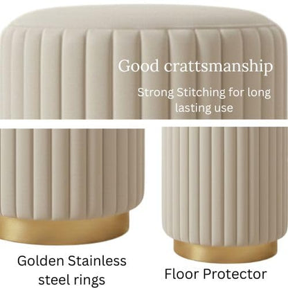 Designer Velvet Round Footstool Ottoman with Sturdy Gold Metal Band Base for Home Décor & Extra Seating, Lightweight Pouf Stool for Sofa Side & Bedroom, 16x16x17 Inch (Cream)