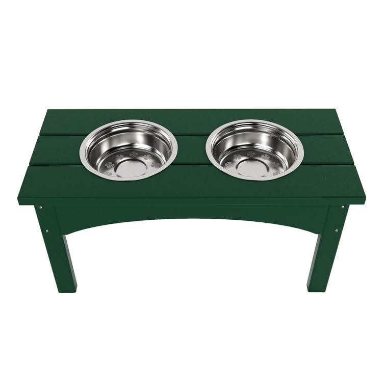 Double Elevated Feeder Wooden Large Dog Food Dinner pet Stand Cat Feeder Stand with 2 Stainless Steel Small Bowls & Wooden Stand Made by Handmade (Dark Green)
