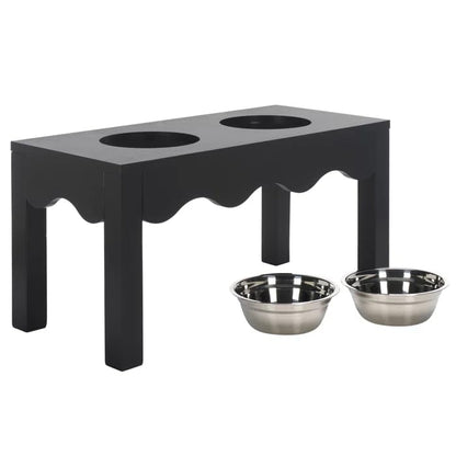 Elevated Dog Bowl Stand, Wooden Feeding Table, Black, with 2 Stainless Steel Bowls, Raised Pet Feeder for Small Medium Dogs