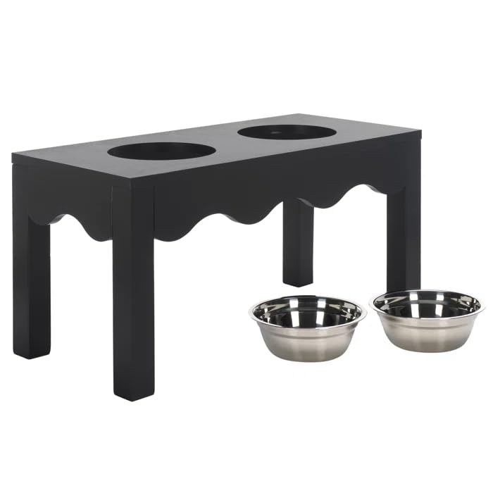 Elevated Dog Bowl Stand, Wooden Feeding Table, Black, with 2 Stainless Steel Bowls, Raised Pet Feeder for Small Medium Dogs