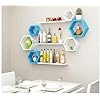 Wooden Wall Shelf Hexagon Floating Wall shelves Mounted rack Wall hanging Honey Comb Shelves Set of 9 for Wall Decor Honeycomb Wall Shelves Living Room Bathroom Kitchen Office (Blue&White)