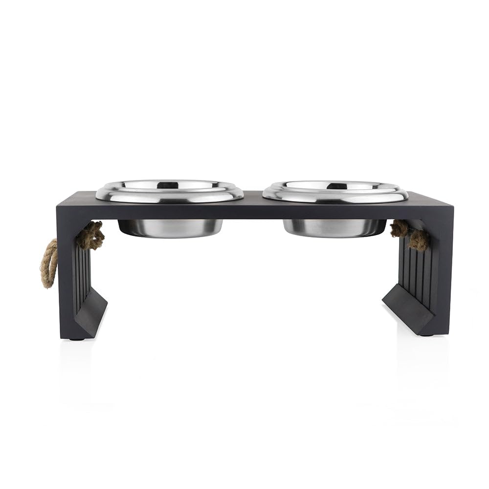 Pet Diner Stainless Steel Pet Bowl Combo with Elevated Wooden Base | Double Feeding Bowl Combo for Providing Food and Water to Beloved Dog, Puppies & Cats (Elevated Wooden Diner of 950ml)